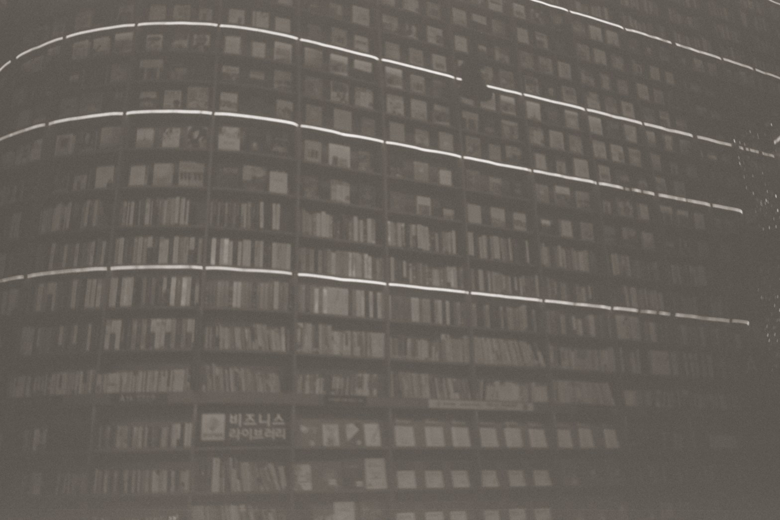 a black and white film photograph of a large wall of books